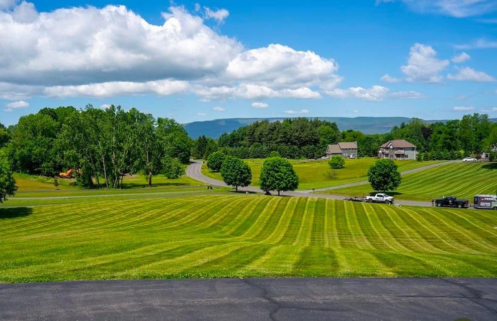 Lush green landscapes with striped lawns, trees, and distant homes under a blue sky.