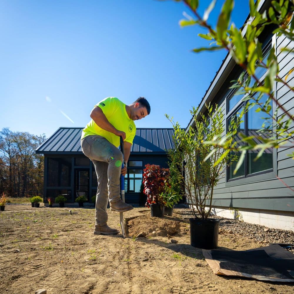 Worker planting a shrub in a residential garden under clear blue skies.